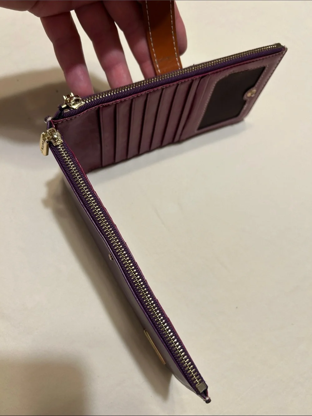 Purple Leather Zip Wallet with Brown Snap Strap